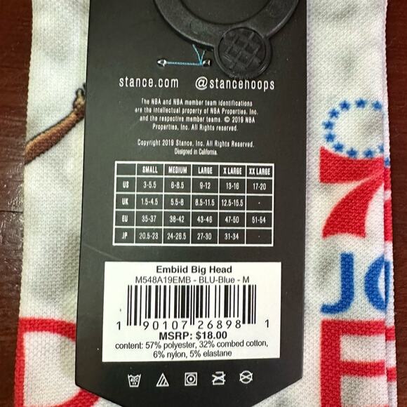 NWT Stance 76ers NBA Basketball Joel Embii Socks Blue White Mens Medium - Picture 6 of 10